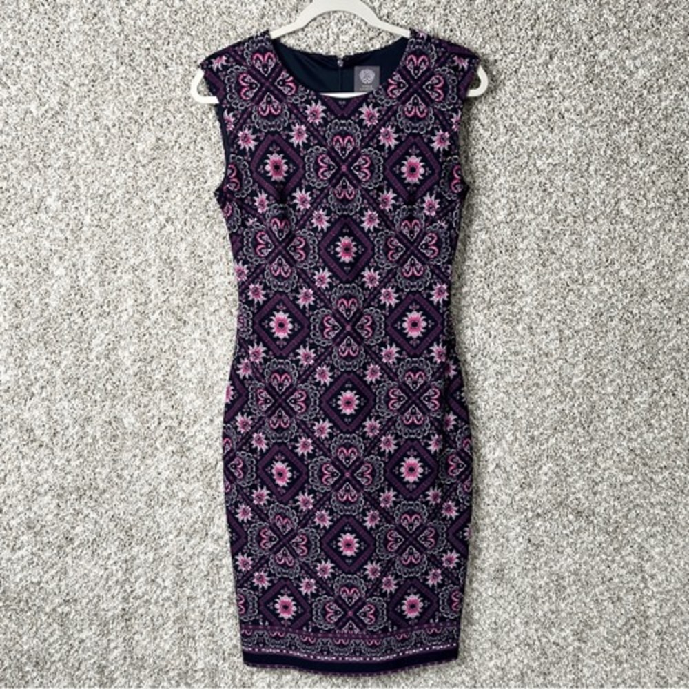 Vince Camuto Dress Women's 6‎ Black/Purple/Pink Floral Short Cap Sleeve Sheath - Picture 2 of 9